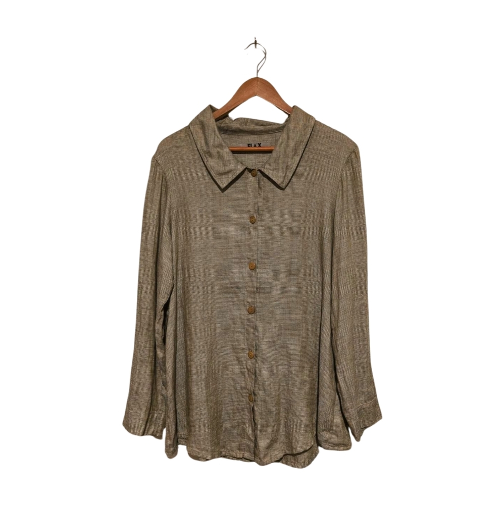 Flax Designs Shirt Womens Large Brown Tan Green Woven Linen Button Up Tunic S/M